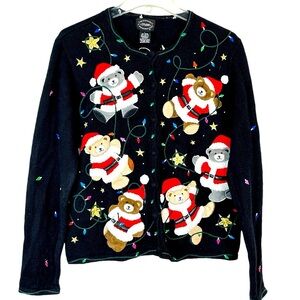 Vintage Teddy Bear Christmas Cardigan Sweater L